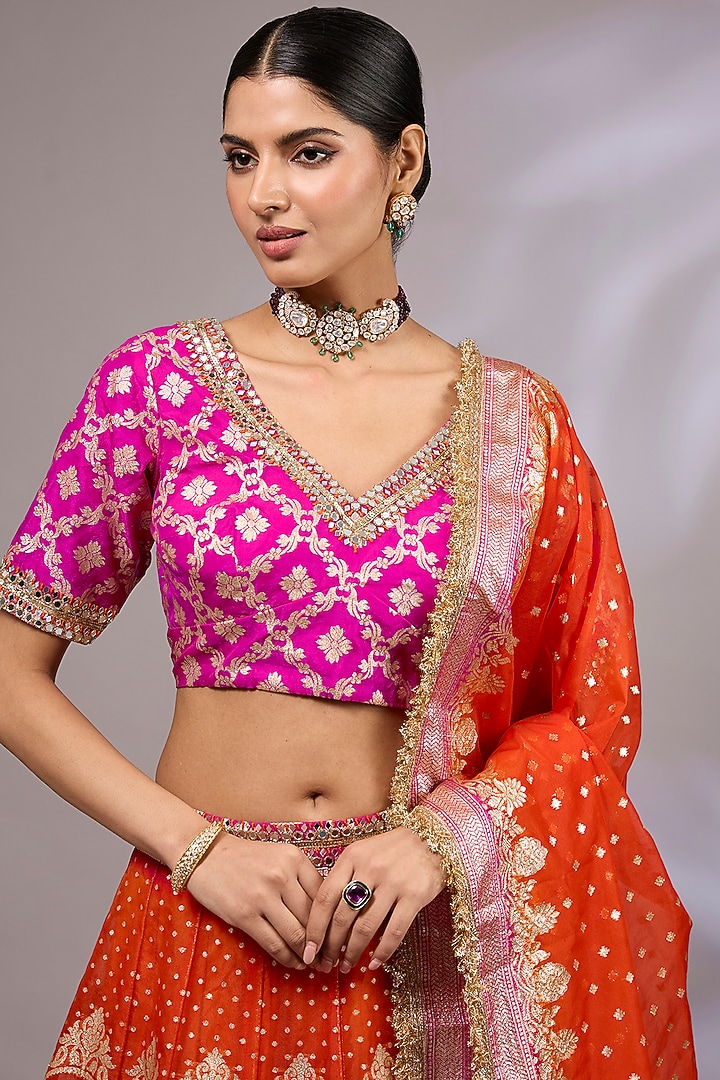 Orange & Hot Pink Organza Banarasi Hand Embroidered Wedding Lehenga Set by Priyanka Jha at Pernia's Pop Up Shop
