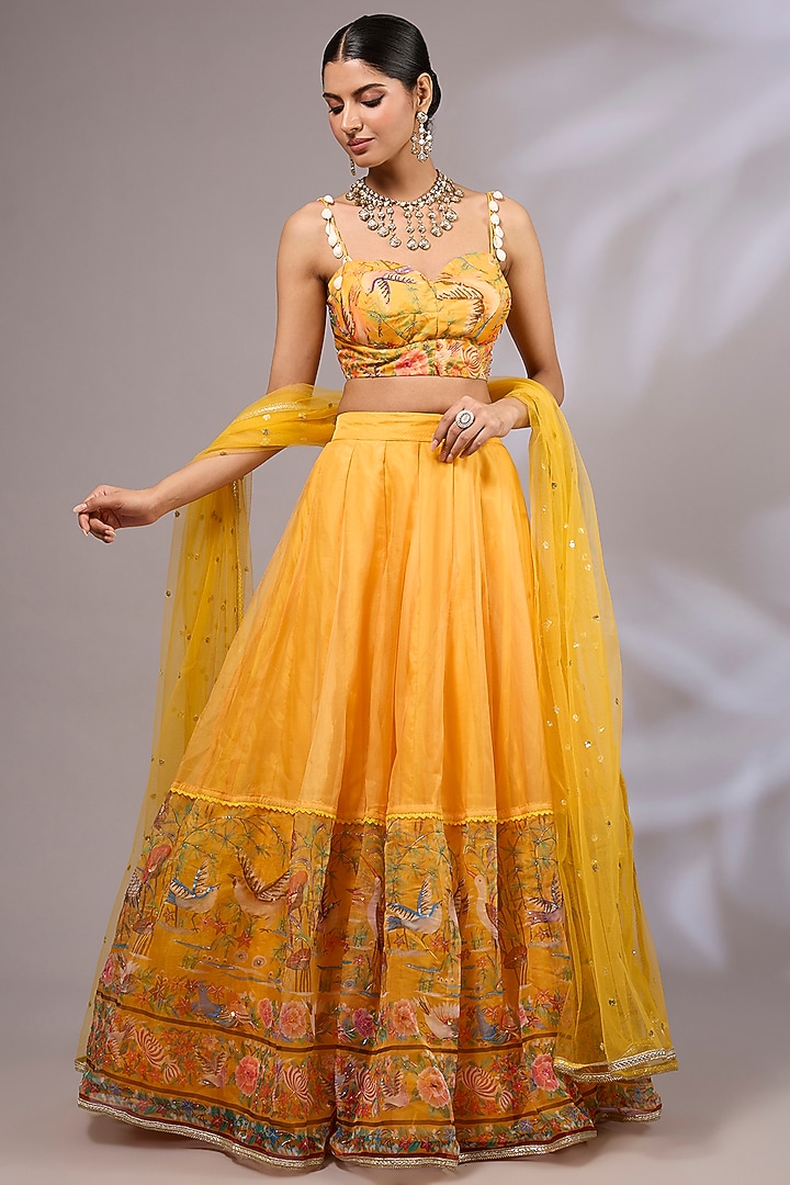 Turmeric Yellow Organza Hand Embroidered Wedding Lehenga Set by Priyanka Jha at Pernia's Pop Up Shop