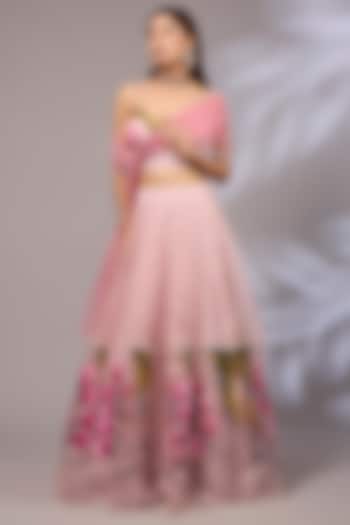 Salmon Pink Net Hand Embroidered Lehenga Set by Priyanka Jha at Pernia's Pop Up Shop