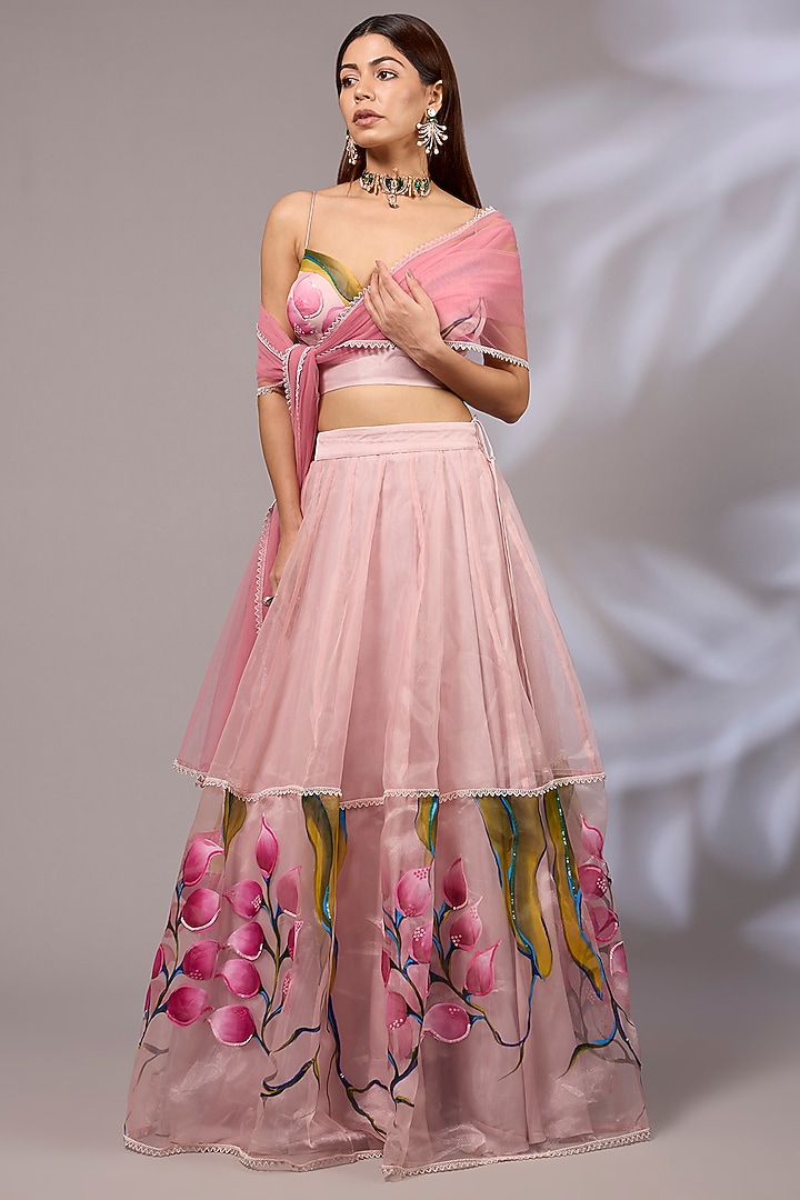 Salmon Pink Net Hand Embroidered Lehenga Set by Priyanka Jha at Pernia's Pop Up Shop