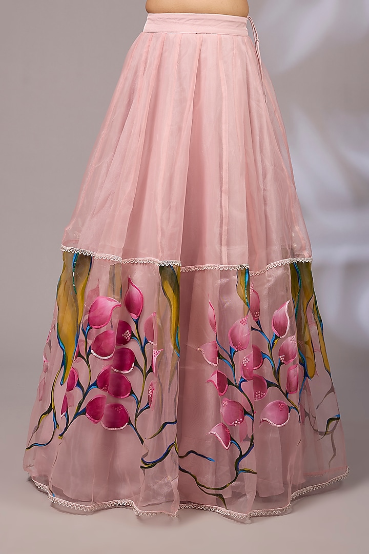 Salmon Pink Net Hand Embroidered Lehenga Set by Priyanka Jha at Pernia's Pop Up Shop