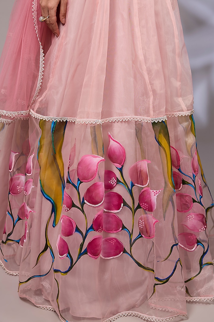 Salmon Pink Net Hand Embroidered Lehenga Set by Priyanka Jha at Pernia's Pop Up Shop