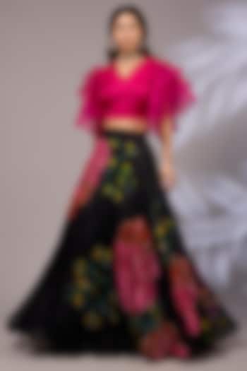 Black Organza Hand-Painted & Hand Embroidered Wedding Lehenga Set by Priyanka Jha at Pernia's Pop Up Shop
