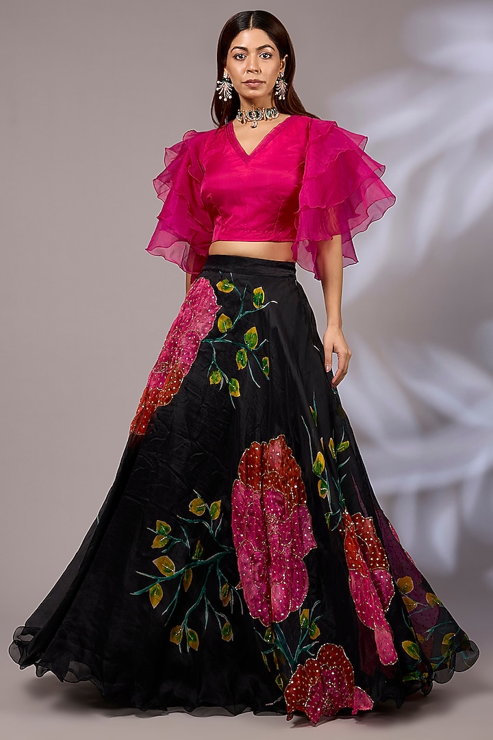 Black Organza Hand-Painted & Hand Embroidered Wedding Lehenga Set by Priyanka Jha at Pernia's Pop Up Shop