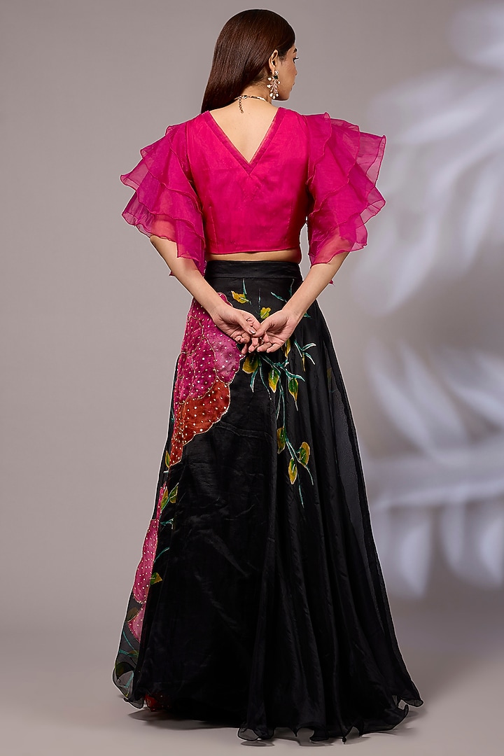 Black Organza Hand-Painted & Hand Embroidered Wedding Lehenga Set by Priyanka Jha at Pernia's Pop Up Shop