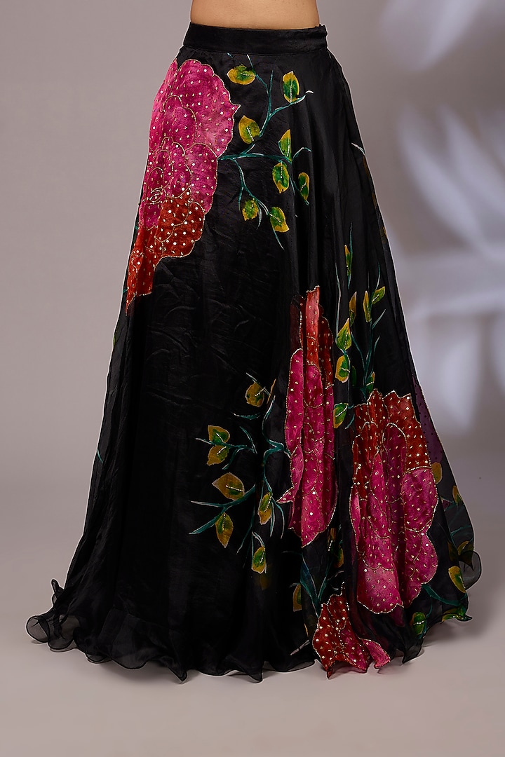 Black Organza Hand-Painted & Hand Embroidered Wedding Lehenga Set by Priyanka Jha at Pernia's Pop Up Shop