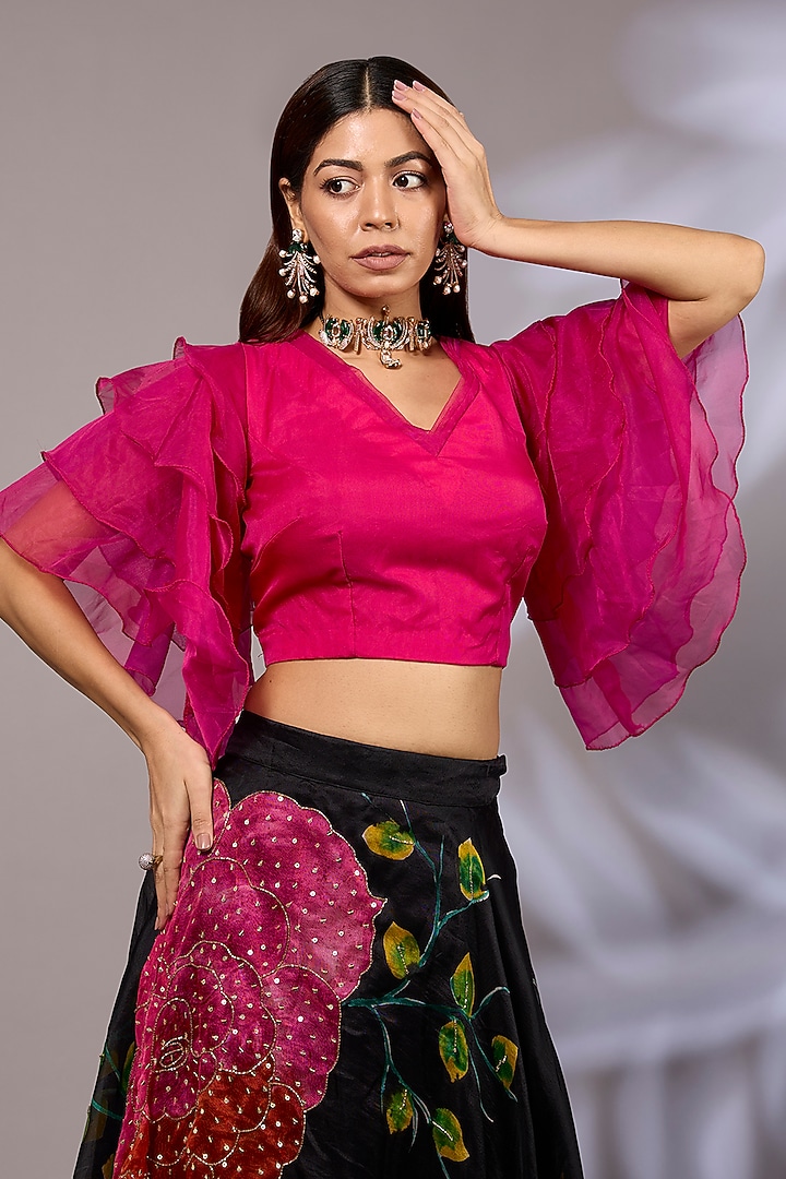 Black Organza Hand-Painted & Hand Embroidered Wedding Lehenga Set by Priyanka Jha at Pernia's Pop Up Shop
