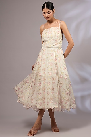 Pale Grey Organza Floral Printed Dress by Priyanka Jha