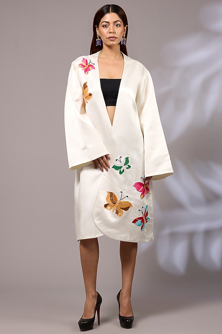 Off-White Silk Hand Painted & Hand Embroidered Jacket by Priyanka Jha at Pernia's Pop Up Shop