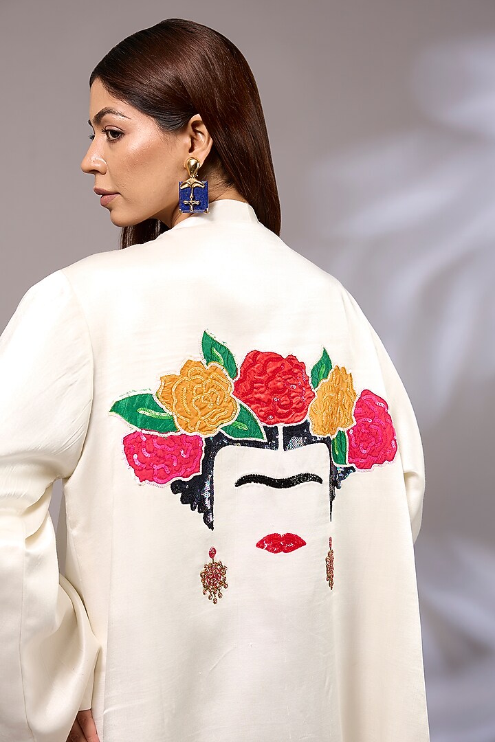 Off-White Silk Hand Painted & Hand Embroidered Jacket by Priyanka Jha at Pernia's Pop Up Shop