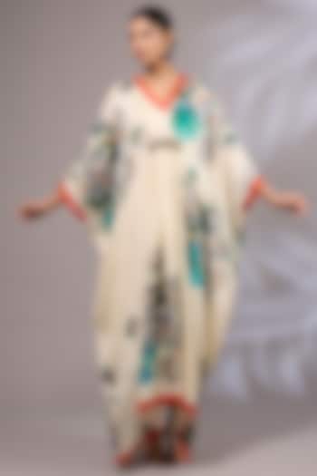 Off-White & Multi-Colored Pure Silk Hand Painted Kaftan by Priyanka Jha at Pernia's Pop Up Shop