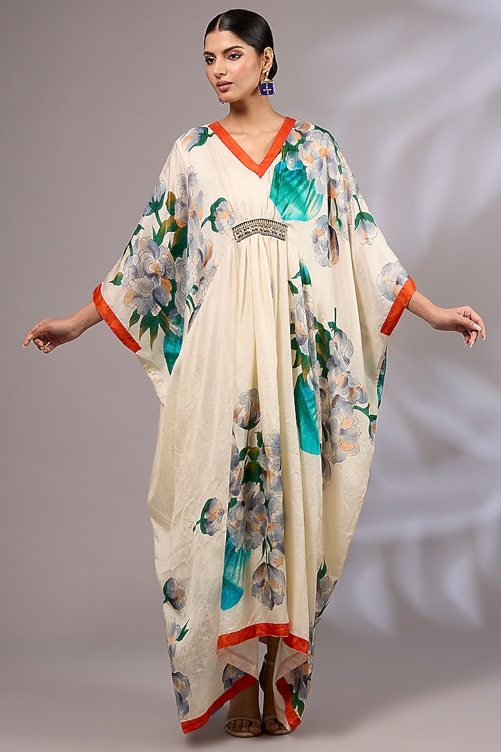 Off-White & Multi-Colored Pure Silk Hand Painted Kaftan by Priyanka Jha at Pernia's Pop Up Shop