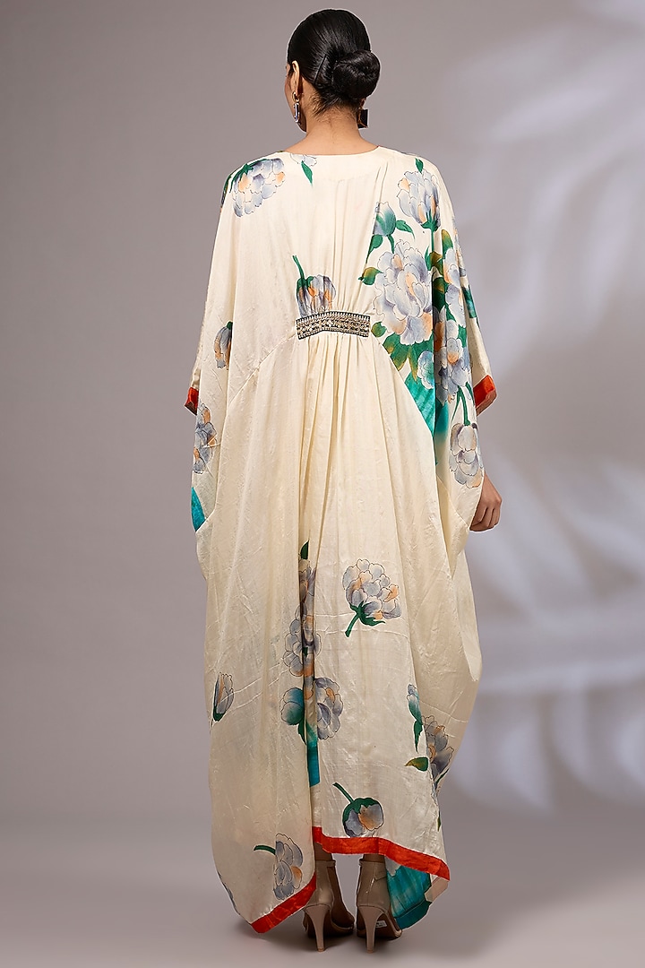 Off-White & Multi-Colored Pure Silk Hand Painted Kaftan by Priyanka Jha at Pernia's Pop Up Shop