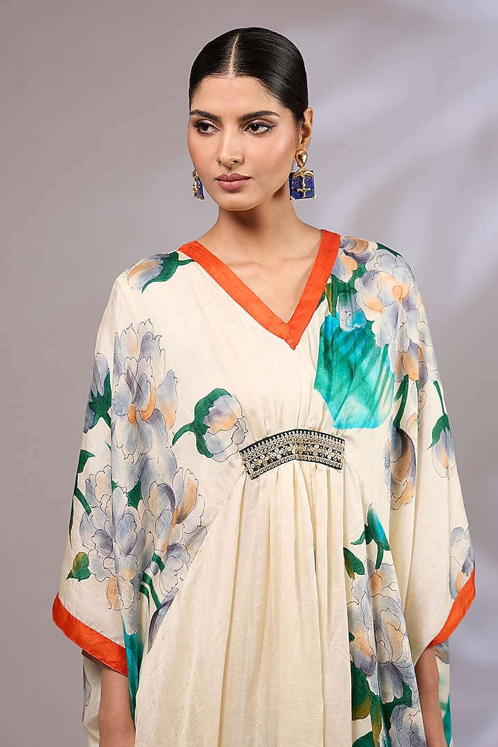 Off-White & Multi-Colored Pure Silk Hand Painted Kaftan by Priyanka Jha at Pernia's Pop Up Shop