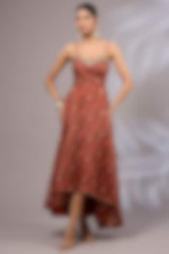 Rasty Red Organza Ajrakh Printed & Hand Embroidered Vacation Dress by Priyanka Jha at Pernia's Pop Up Shop