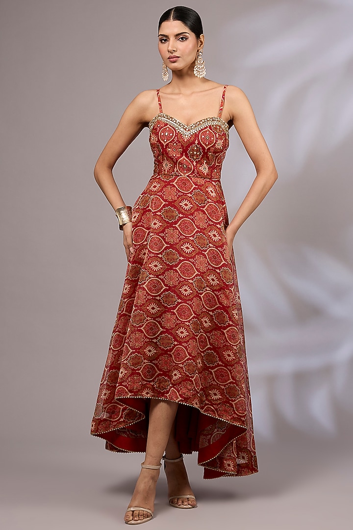 Rasty Red Organza Ajrakh Printed & Hand Embroidered Vacation Dress by Priyanka Jha at Pernia's Pop Up Shop