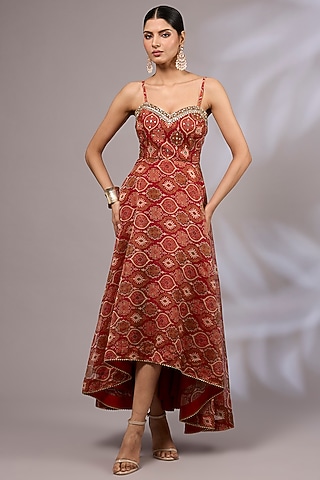 Rasty Red Organza Ajrakh Printed & Hand Embroidered Dress by Priyanka Jha