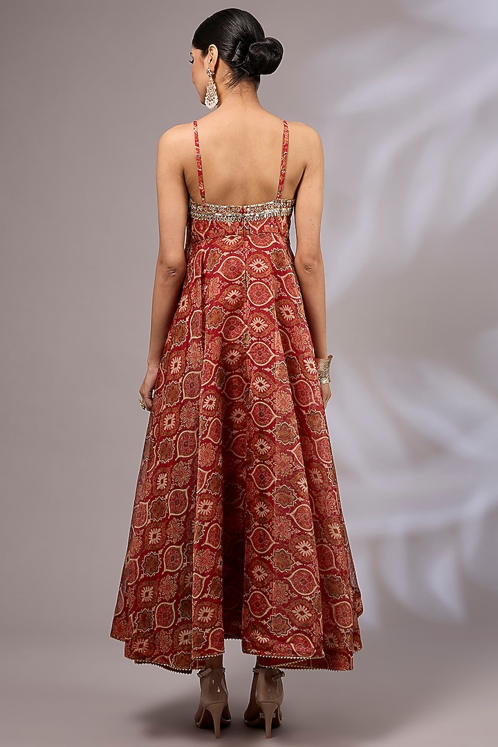 Rasty Red Organza Ajrakh Printed & Hand Embroidered Vacation Dress by Priyanka Jha at Pernia's Pop Up Shop