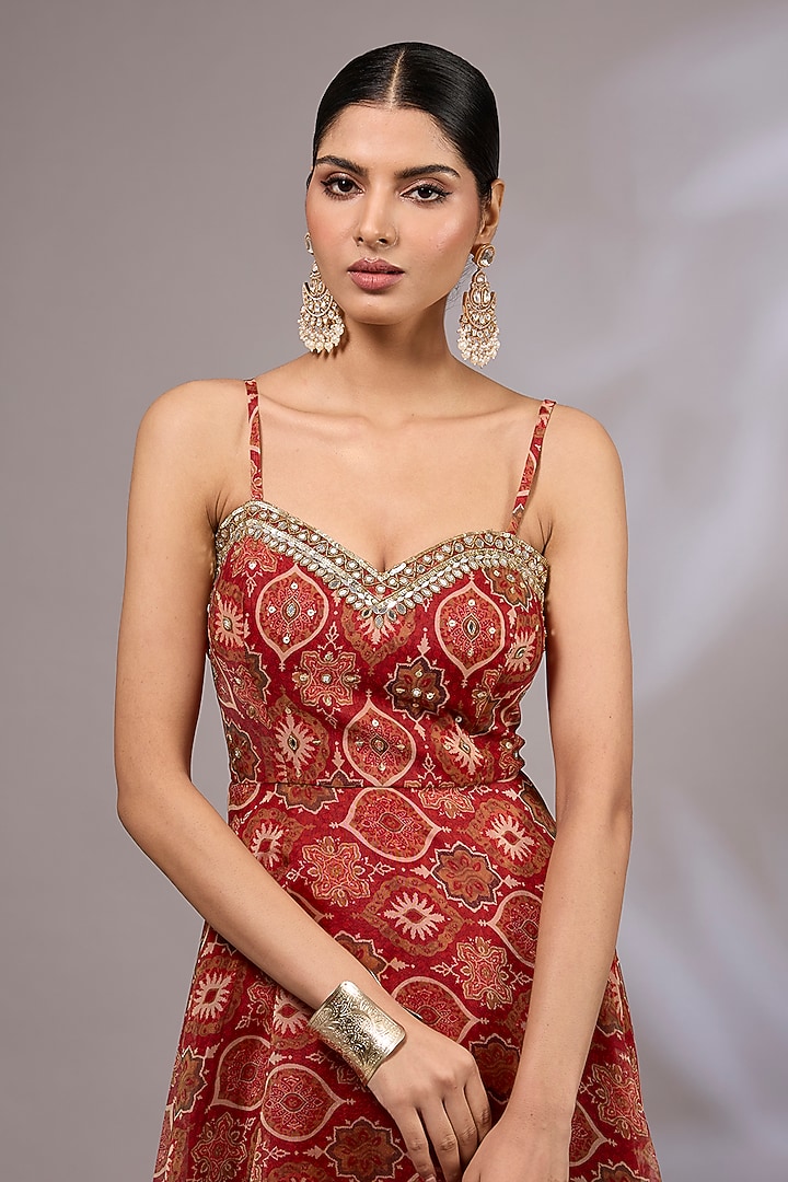 Rasty Red Organza Ajrakh Printed & Hand Embroidered Vacation Dress by Priyanka Jha at Pernia's Pop Up Shop