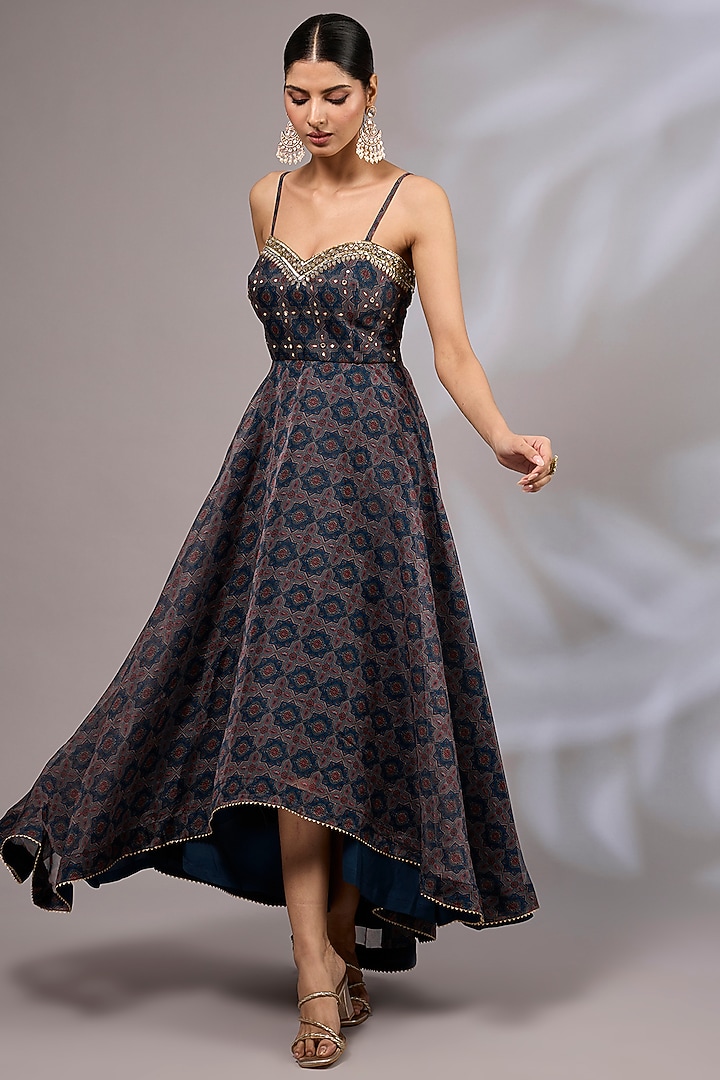 Rasty Blue Organza Ajrakh Printed Vacation Dress by Priyanka Jha at Pernia's Pop Up Shop