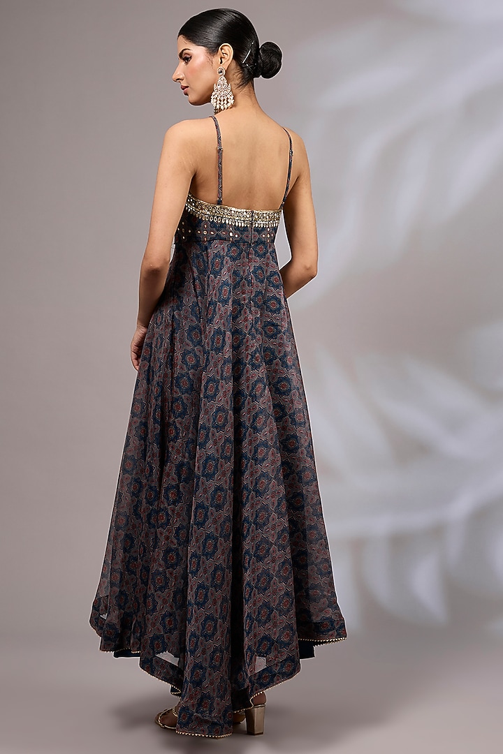 Rasty Blue Organza Ajrakh Printed Vacation Dress by Priyanka Jha at Pernia's Pop Up Shop