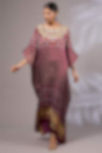 Dark Purple Modal Silk Bandhani Printed & Hand Embroidered Kaftan by Priyanka Jha at Pernia's Pop Up Shop