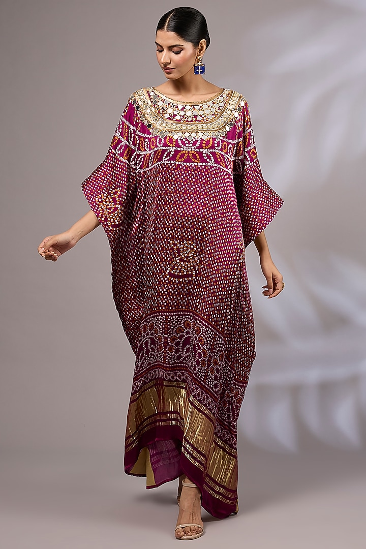 Dark Purple Modal Silk Bandhani Printed & Hand Embroidered Kaftan by Priyanka Jha at Pernia's Pop Up Shop