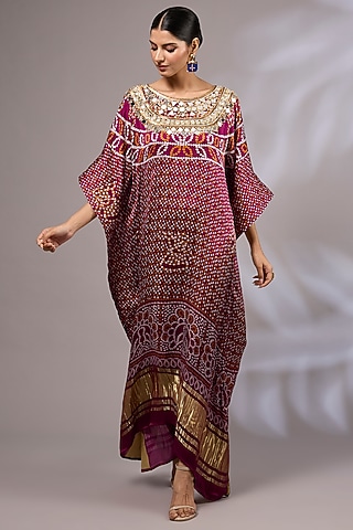 Dark Purple Modal Silk Bandhani Printed & Hand Embroidered Kaftan by Priyanka Jha