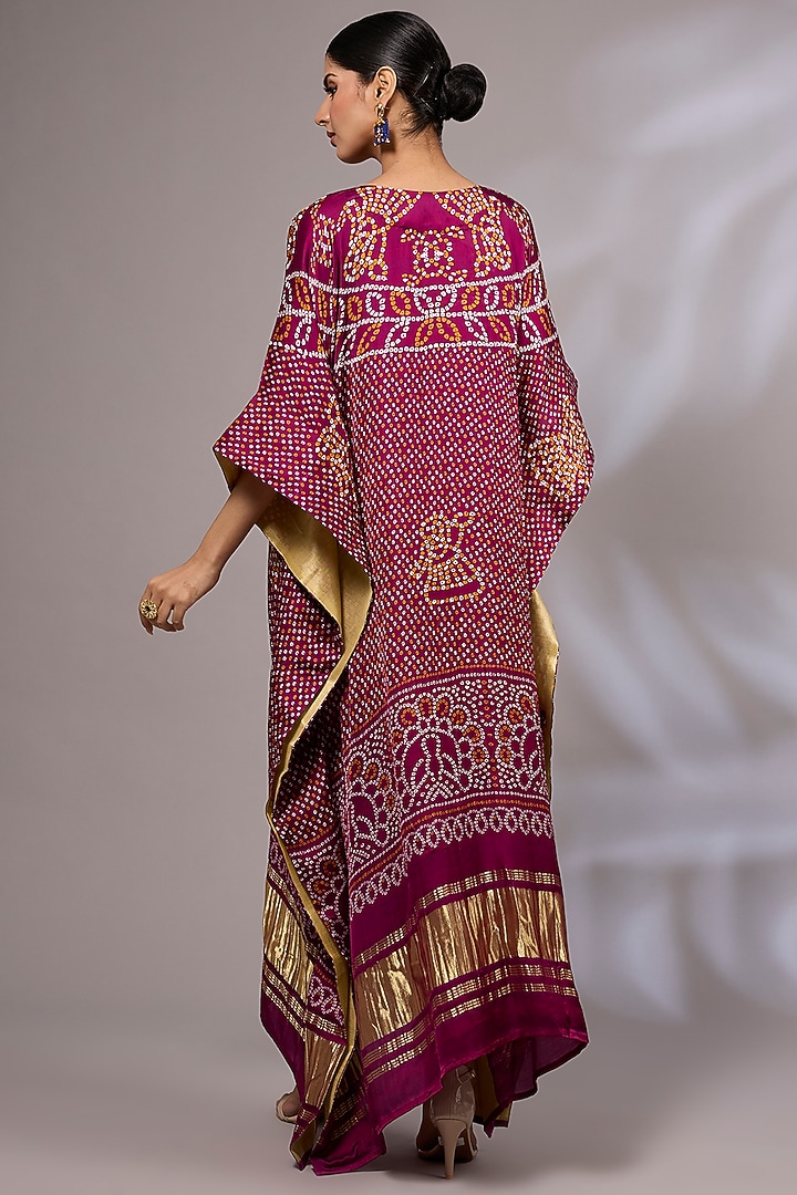 Dark Purple Modal Silk Bandhani Printed & Hand Embroidered Kaftan by Priyanka Jha at Pernia's Pop Up Shop