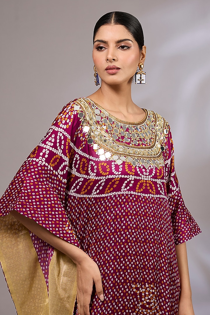 Dark Purple Modal Silk Bandhani Printed & Hand Embroidered Kaftan by Priyanka Jha at Pernia's Pop Up Shop