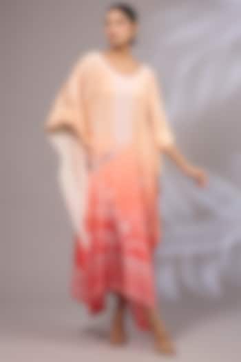 Peach Modal Satin Printed & Hand Embroidered Ombre Kaftan by Priyanka Jha at Pernia's Pop Up Shop