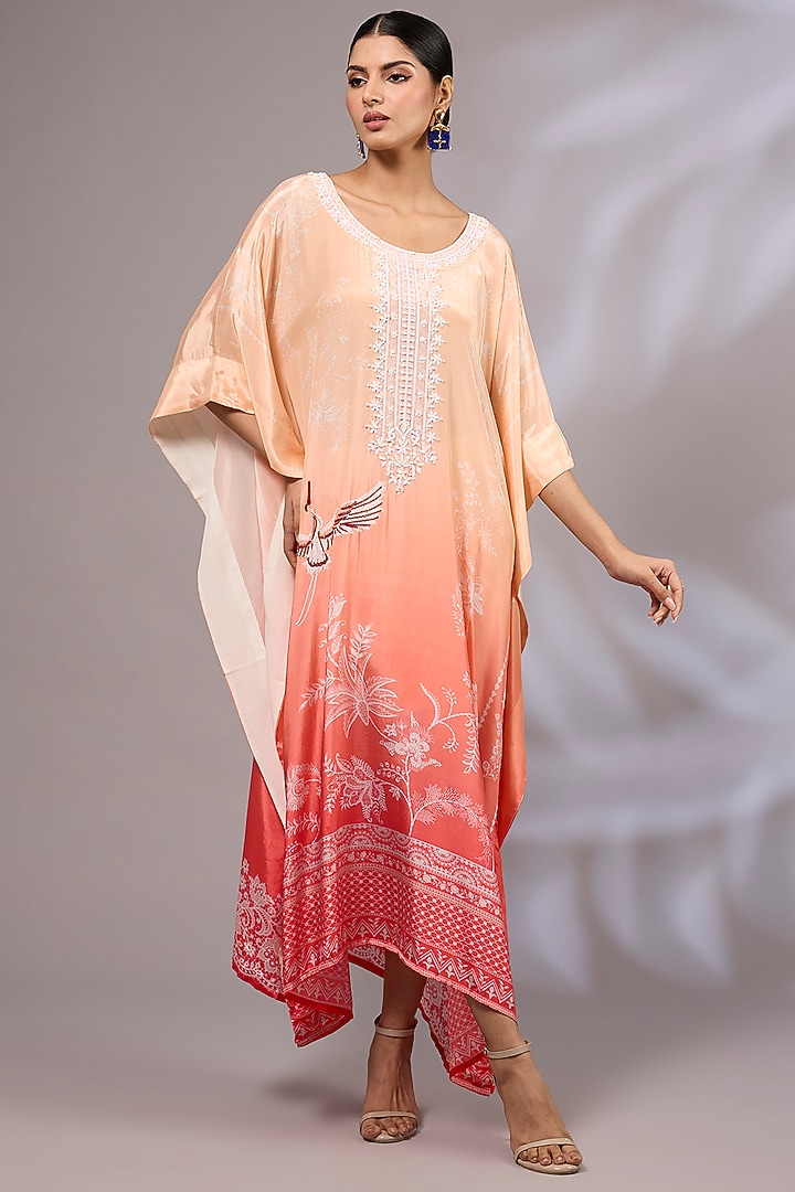 Peach Modal Satin Printed & Hand Embroidered Ombre Kaftan by Priyanka Jha at Pernia's Pop Up Shop