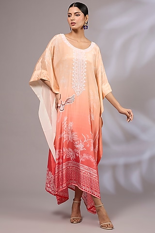 Peach Modal Satin Printed & Hand Embroidered Ombre Kaftan by Priyanka Jha