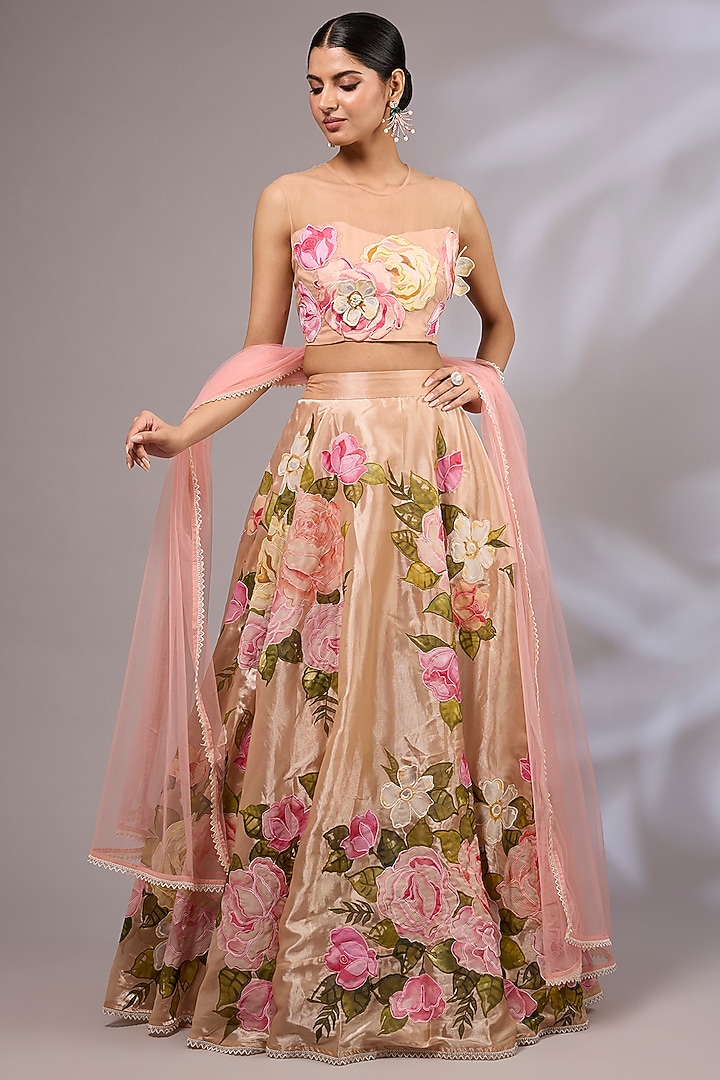 Peach Organza Hand Painted & Applique Work Wedding Lehenga Set by Priyanka Jha at Pernia's Pop Up Shop