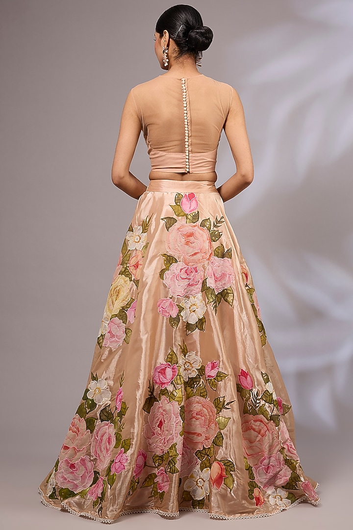 Peach Organza Hand Painted & Applique Work Wedding Lehenga Set by Priyanka Jha at Pernia's Pop Up Shop