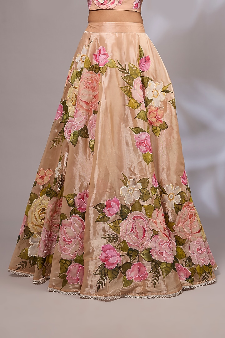 Peach Organza Hand Painted & Applique Work Wedding Lehenga Set by Priyanka Jha at Pernia's Pop Up Shop
