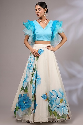 Off-White Organza Hand Painted & Hand Embroidered Lehenga Set by Priyanka Jha