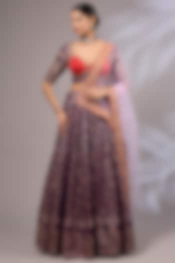 Dark Purple Dola Silk Banarasi Hand Embroidered Wedding Lehenga Set by Priyanka Jha at Pernia's Pop Up Shop