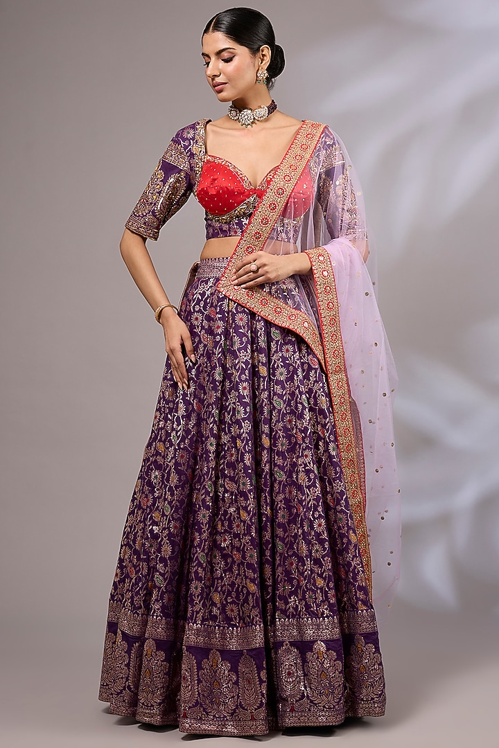 Dark Purple Dola Silk Banarasi Hand Embroidered Wedding Lehenga Set by Priyanka Jha at Pernia's Pop Up Shop