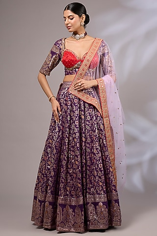 Dark Purple Dola Silk Banarasi Hand Embroidered Lehenga Set by Priyanka Jha
