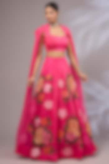 Hot Pink Tissue Organza Hand Painted & Hand Embroidered Wedding Lehenga Set by Priyanka Jha at Pernia's Pop Up Shop