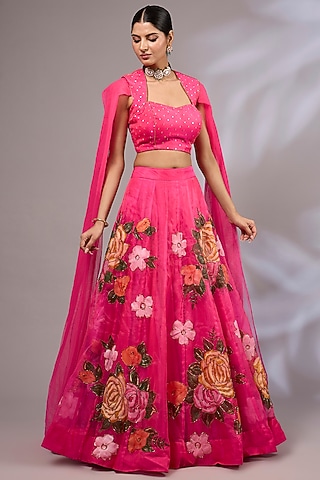 Hot Pink Tissue Organza Hand Painted & Hand Embroidered Lehenga Set by Priyanka Jha