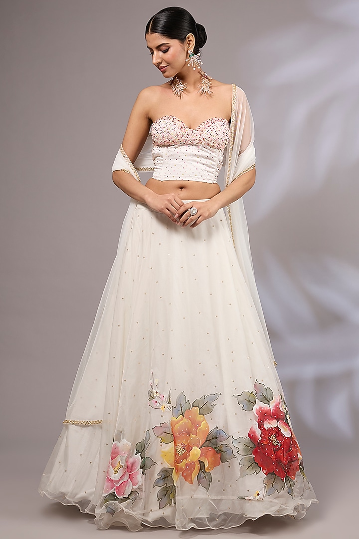 Off-White Organza Hand Painted & Hand Embroidered Wedding Lehenga Set by Priyanka Jha at Pernia's Pop Up Shop