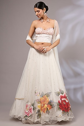 Off-White Organza Hand Painted & Hand Embroidered Lehenga Set by Priyanka Jha