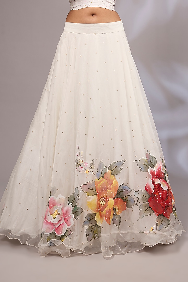 Off-White Organza Hand Painted & Hand Embroidered Wedding Lehenga Set by Priyanka Jha at Pernia's Pop Up Shop