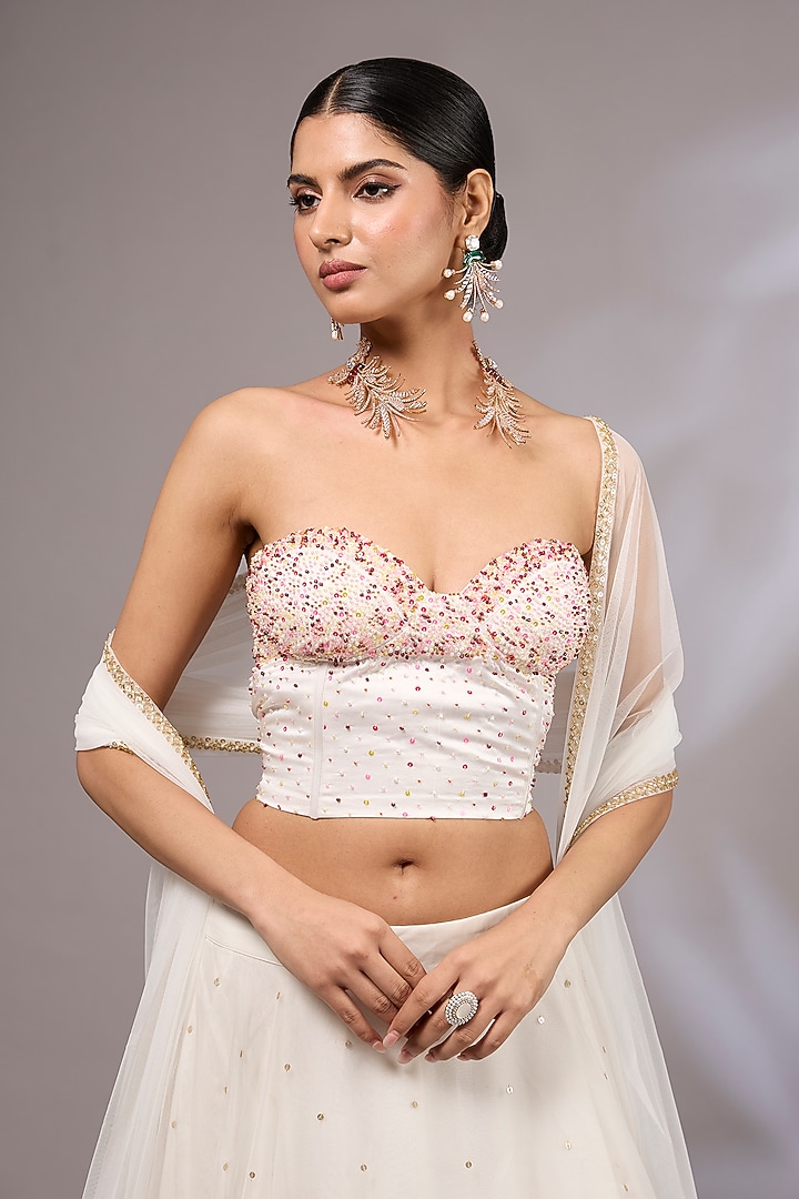 Off-White Organza Hand Painted & Hand Embroidered Wedding Lehenga Set by Priyanka Jha at Pernia's Pop Up Shop