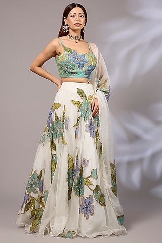 Off-White Organza Hand Painted & Hand Embroidered Lehenga Set by Priyanka Jha