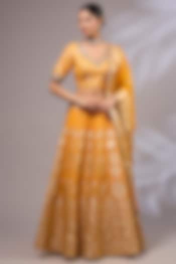 Yellow Organza Banarasi Hand Embroidered Wedding Lehenga Set by Priyanka Jha at Pernia's Pop Up Shop