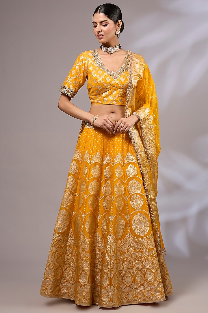 Yellow Organza Banarasi Hand Embroidered Wedding Lehenga Set by Priyanka Jha at Pernia's Pop Up Shop
