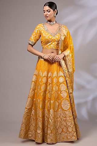 Yellow Organza Banarasi Hand Embroidered Lehenga Set by Priyanka Jha